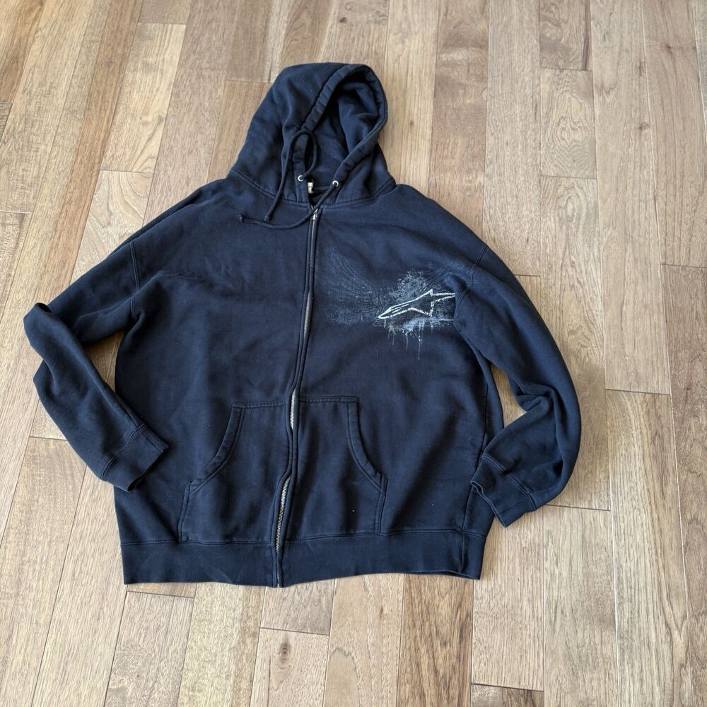 Alpinestars Full Zip Hoodie Men's XL Black Graphic Sweatshirt Motocross Y2K Vtg